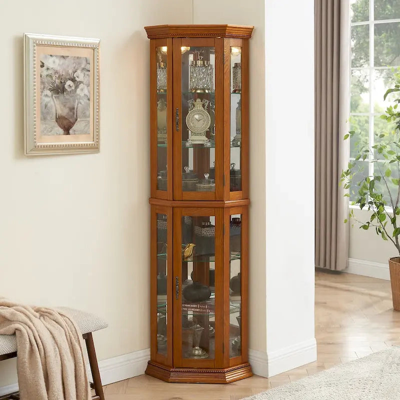 Corner Curio Cabinet With Lights, Adjustable Tempered Glass Shelves, Mirrored Back, Display Cabinet