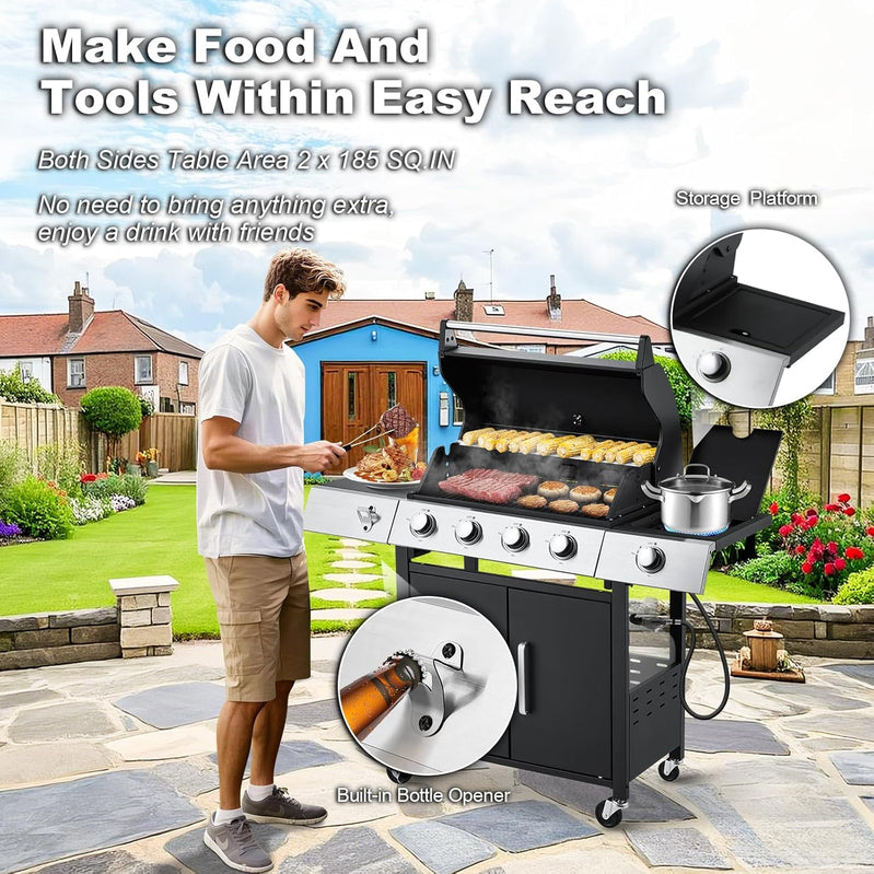 Upgraded 4 Burner Bbq Propane Gas Grill With Cast Iron Grates And Side Stove, 44,000 BTU Stainless Steel Burner Barbecue Grill For Patio