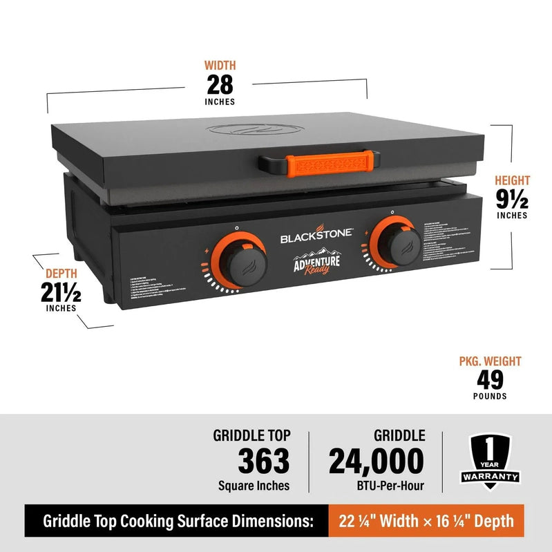 Blackstone Adventure Ready 22 In. Propane Griddle Gift Bundle, Black, Includes Griddle, Hardcover, Carry Bag, 24,000 BTU Burners, Rear Grease System