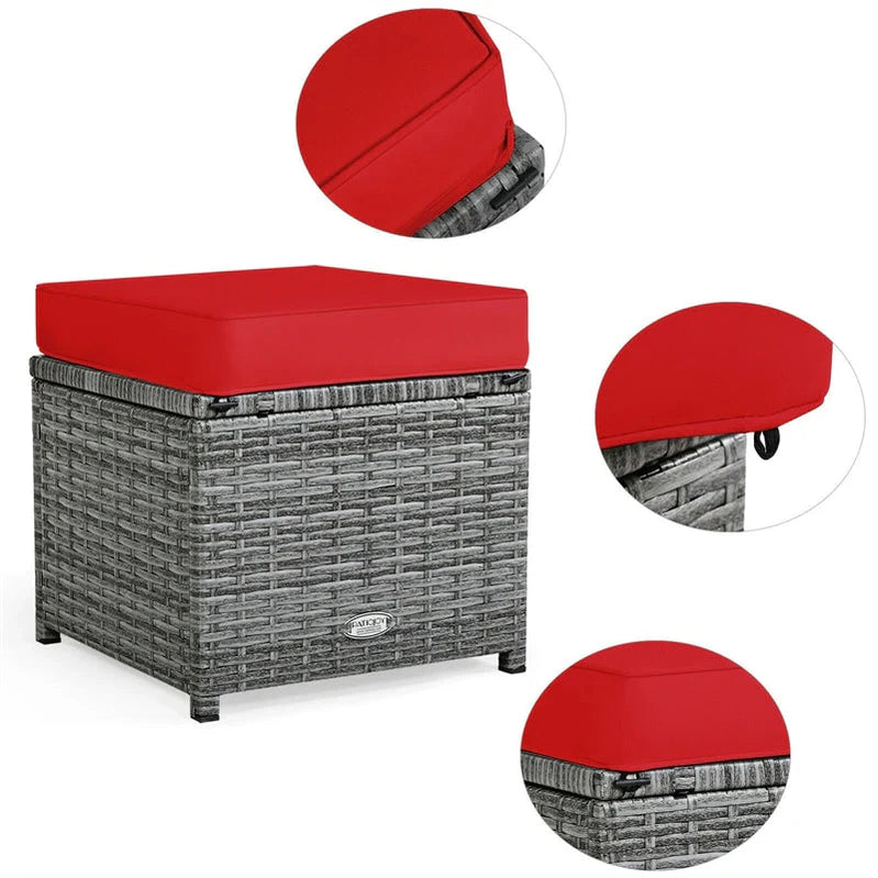 7 Pcs Rattan Patio Dining Furniture Sectional Sofa Set With Dining Table, Ottomans And Cushions