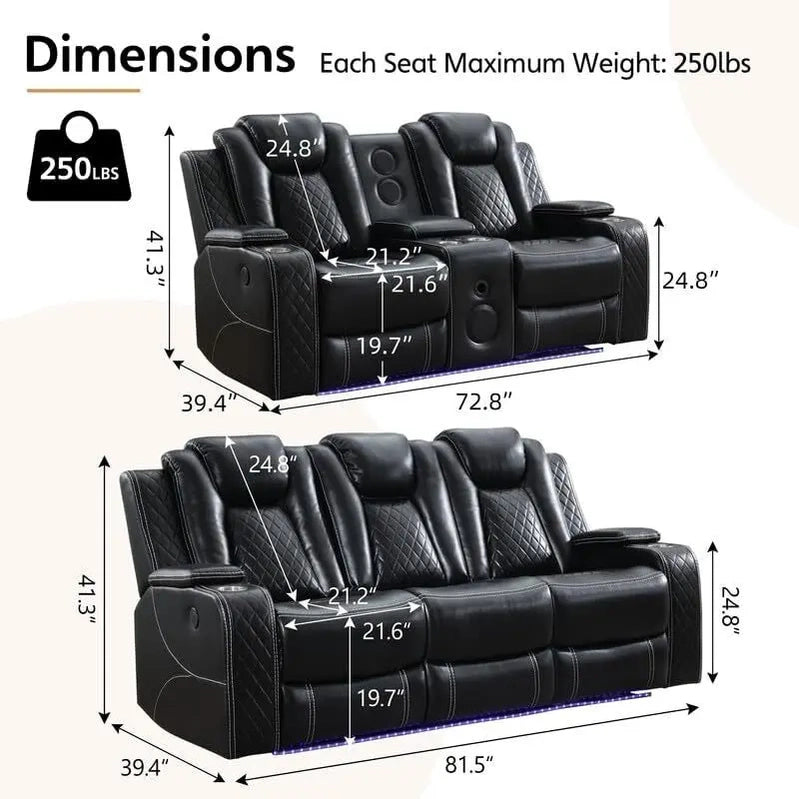 Power Reclining Sofa With Wireless Charger, Reading Light For Living Room, Faux Leather LED Light, AC/USB Port, Cup Holder, Black