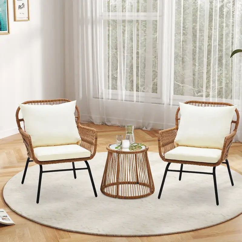 3-Piece Patio Conversation Bistro Set, Outdoor Rattan Furniture Set With Glass Table And 2 Wide Armchairs, Seat Cushions