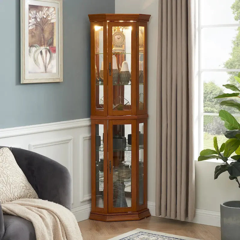 Corner Curio Cabinet With Lights, Adjustable Tempered Glass Shelves, Mirrored Back, Display Cabinet