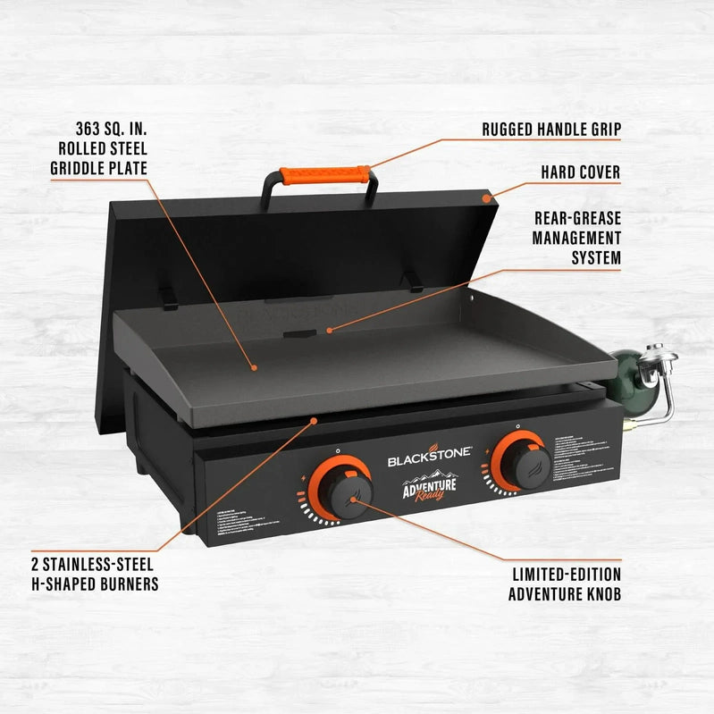 Blackstone Adventure Ready 22 In. Propane Griddle Gift Bundle, Black, Includes Griddle, Hardcover, Carry Bag, 24,000 BTU Burners, Rear Grease System