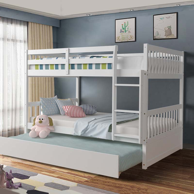 Solid Wood Full Over Full Bunk Bed Frame With Trundle, Safety Ladder And Guardrails, Convertible Bunk Bed For Kids Teens