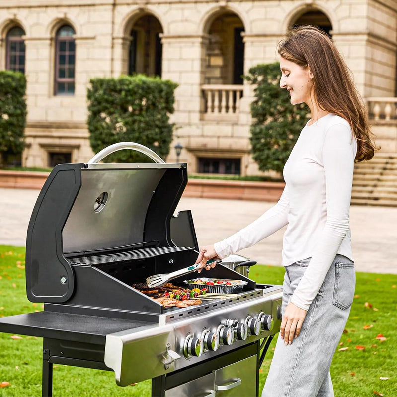Upgraded 4 Burner Bbq Propane Gas Grill With Cast Iron Grates And Side Stove, 44,000 BTU Stainless Steel Burner Barbecue Grill For Patio