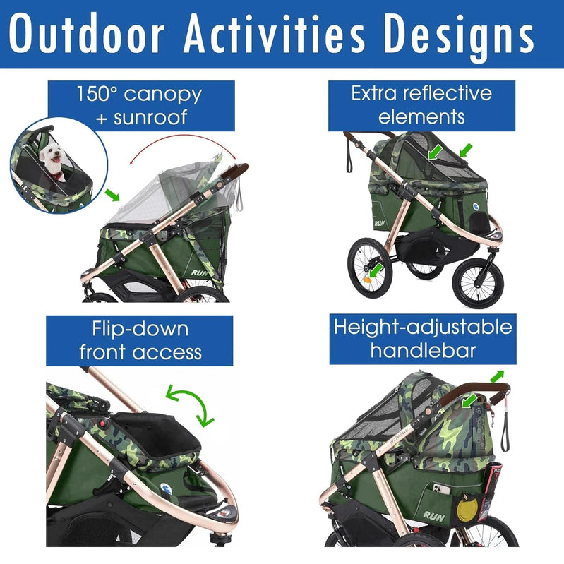 Jogging Sports Stroller With Comfort Rubber Wheels/Zipper-Less Entry/1-Hand Quick Fold/Aluminum Frame For Small/Medium Dogs, Cats And Pets, Green Camo