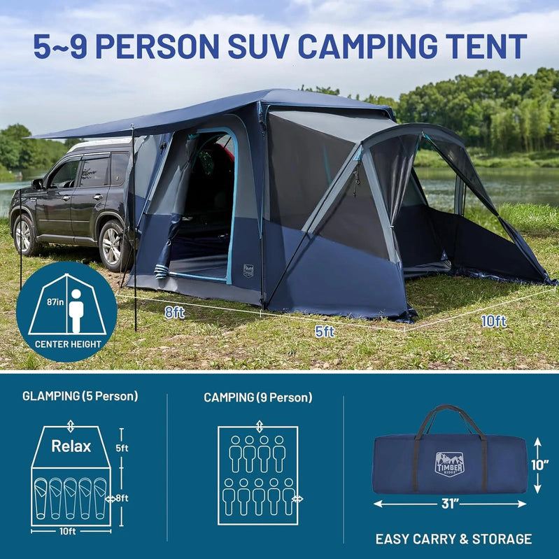 Timber Ridge 5-9 Person SUV Tent With Screen Porch And Awning For Family Camping, Weather Resistant And Portable Van Or Car Tent