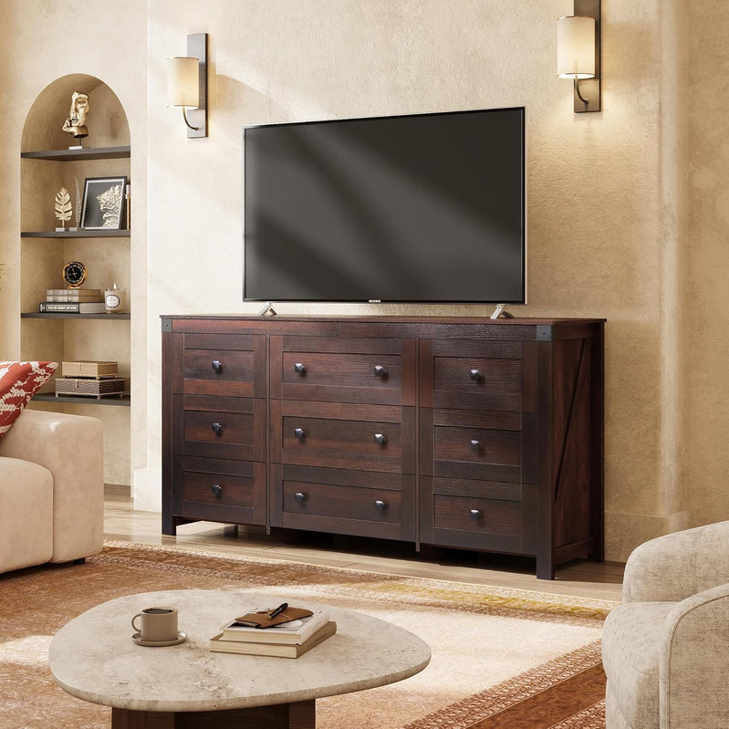 9 Drawer LED Dresser For Bedroom, 58.35 In. Wide Wood Dresser Storage Organizer With Power Outlets For 65 In. TV, Dressers With Open Shelves