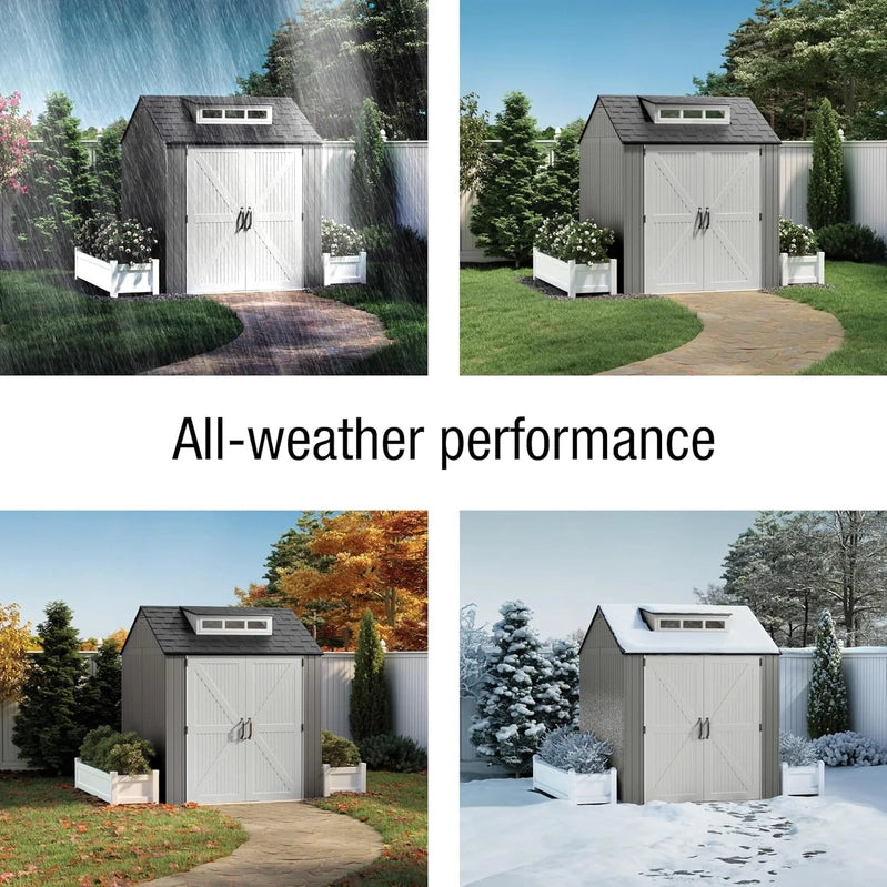 Rubbermaid Resin Garden Shed With Floor, 2.13 x 2.13 M, Weatherproof, Grey, For Storing Garden Tools, Lawnmowers, Bicycles And Pool Accessories