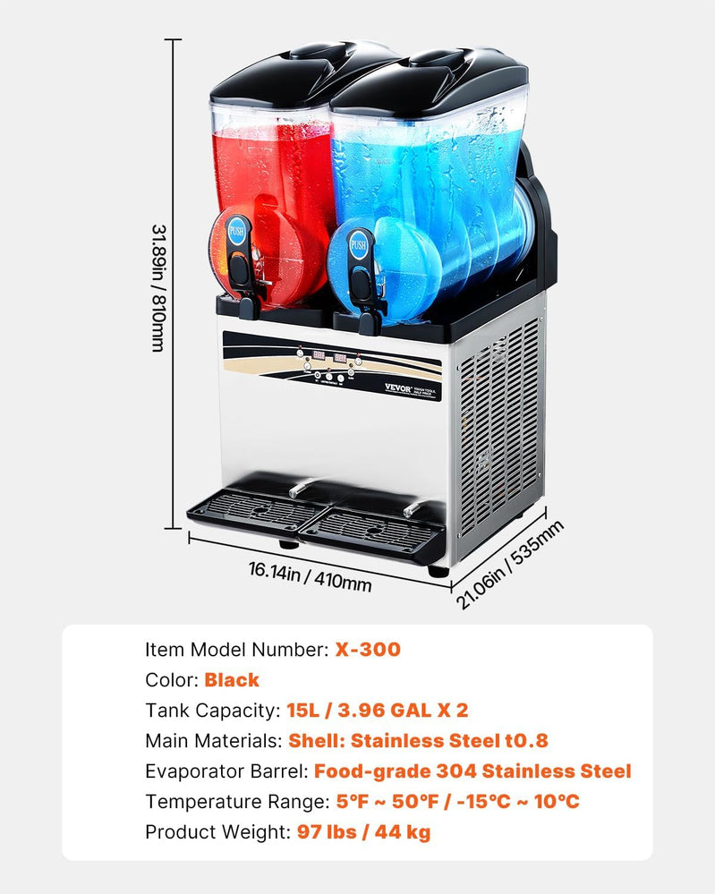 Vevor Slushy Machine, 15Lx2 Double Tank Commercial Margarita Machine, 120 Cups Stainless Steel Margarita Smoothie Frozen Drink Machine