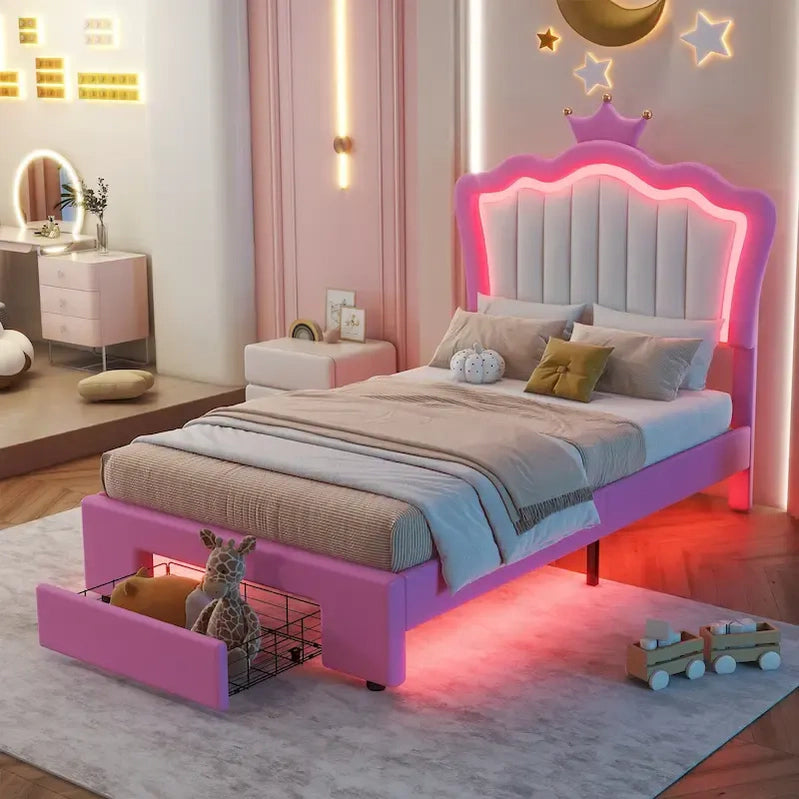 Twin Size Upholstered Bed Frame With LED Lights, Modern Upholstered Princess Bed With Crown Headboard, A Drawer, Pink Plus White