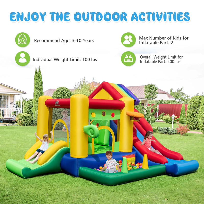 Costway Colorful Rainbow Kids Inflatable Bounce Castle With 50 Ocean Balls And 735W Blower