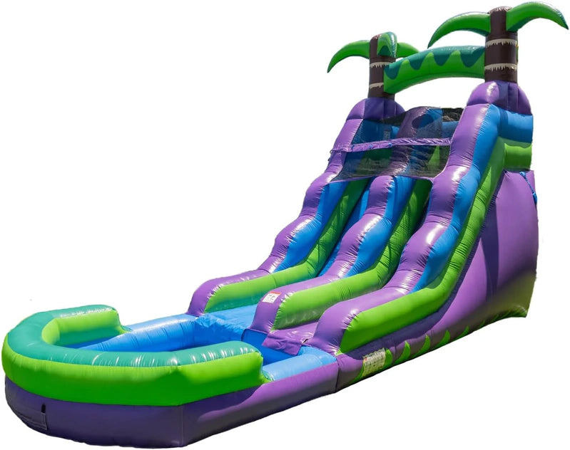 16' Purple Tropical Lightweight Premium Commercial Grade Water Slide Inflatable With Attached Pool For Kids And Adults, With Blower, Wet Dry Use