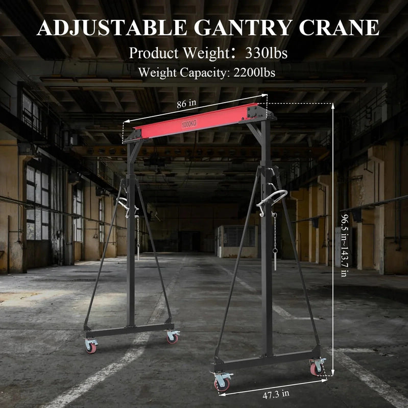 1-ton Gantry Crane, Adjustable, 2200 Lbs Lifting Capacity, Height Adjustable 96.5 In.-143.7 In, Portable Hoist For Factory, Construction Site