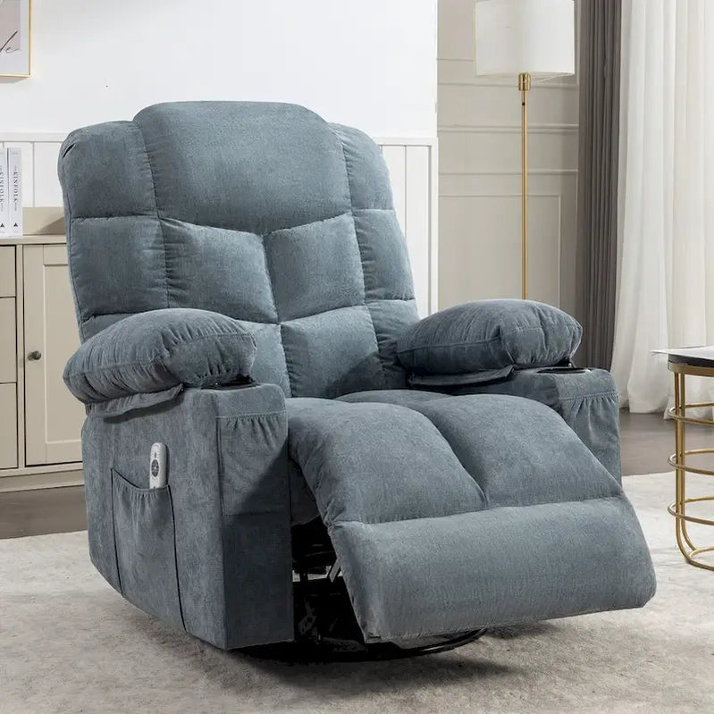 Grey Oversized Recliner With Heat And Massage, 150 Recline, 30 Rocking, USB Charging, And 2 Cup Holders
