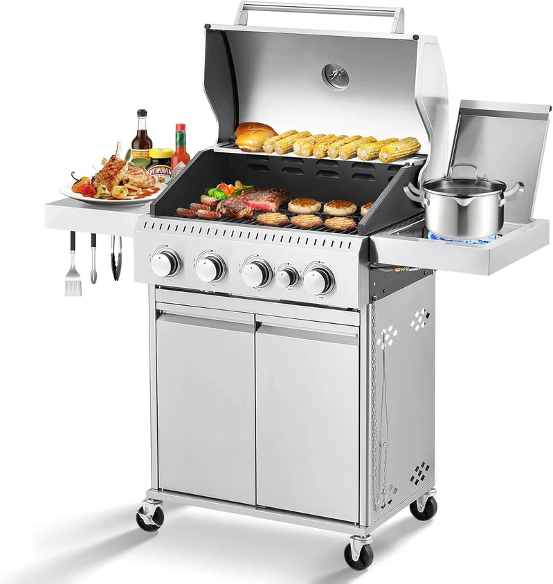 Upgraded 4 Burner Bbq Propane Gas Grill With Cast Iron Grates And Side Stove, 44,000 BTU Stainless Steel Burner Barbecue Grill For Patio