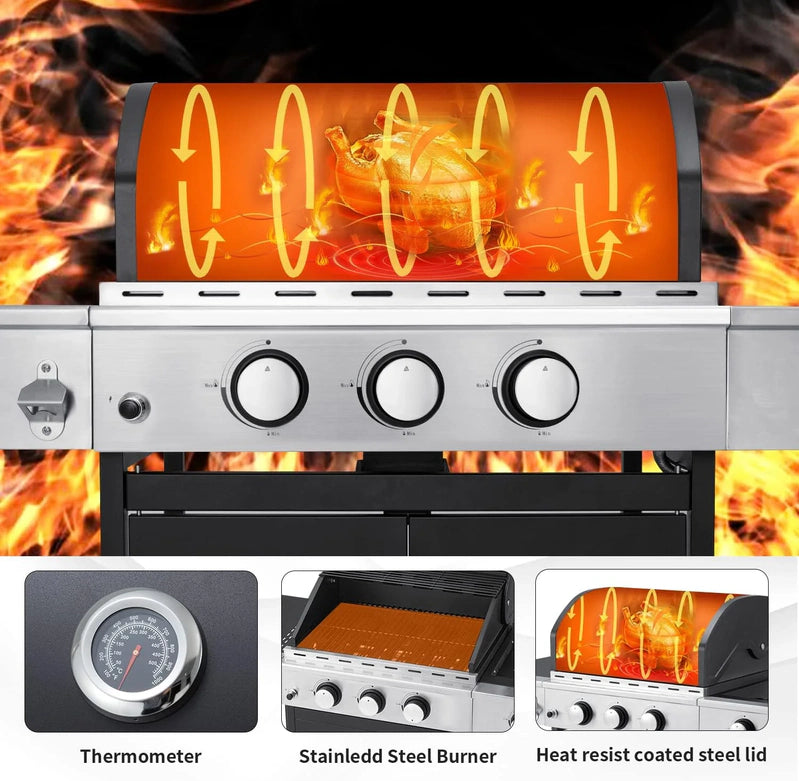 Upgraded 4 Burner Bbq Propane Gas Grill With Cast Iron Grates And Side Stove, 44,000 BTU Stainless Steel Burner Barbecue Grill For Patio