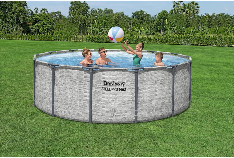 Steel Pro MAX 14 Ft. x 48 In. Round Metal Frame Above Ground Outdoor Swimming Pool Set With 1,000 Filter Pump, Ladder, And Cover, Gray