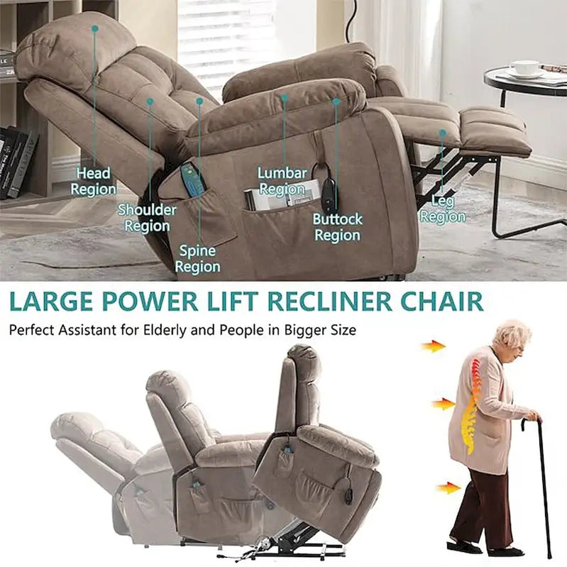 Large Electric Massage Lift Recliner With Heat, Hidden Cup Holder