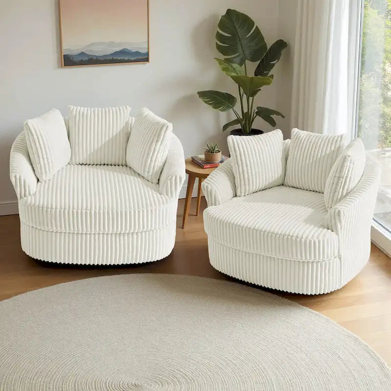 2 Set Oversized 43 W Plush Corduroy Swivel Barrel Chair With Pillows