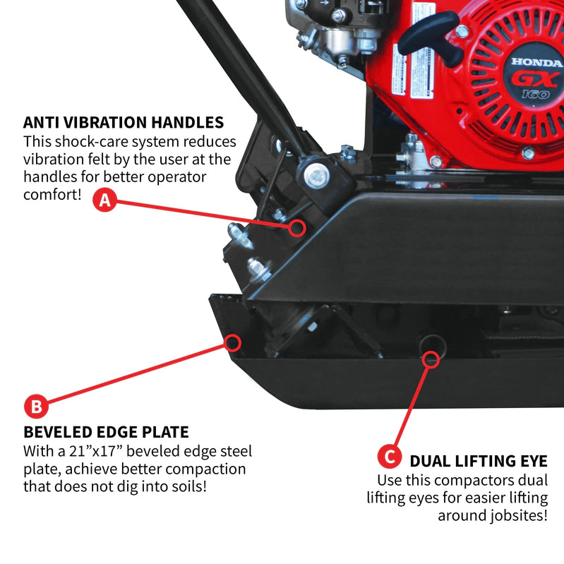 Tomahawk Power Plate Compactor 5.5 HP, 3000 Lbs/Ft, 63cc, Gas, 17 x 13 Plate Compactor, 5900 Vpm