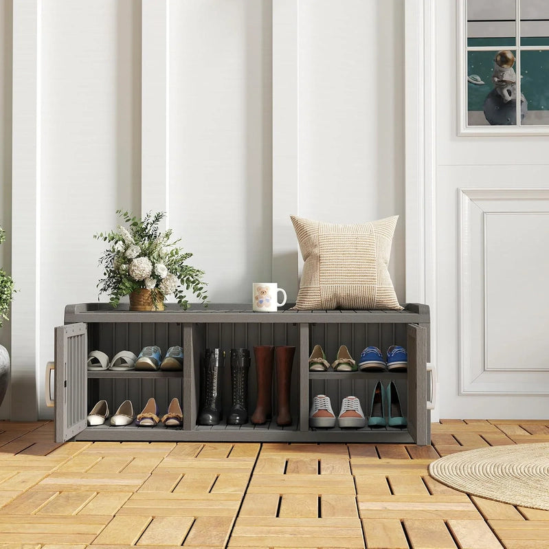 Kamaboko Outdoor Shoe Storage Cabinet, Waterproof UV-Resistant Entryway Storage Bench Indoor Outdoor With 2 Barn Doors