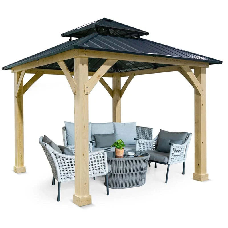 10 x 10 Ft. Outdoor Patio Hardtop Gazebo With Wood Frame And 2-Tier Metal Roof, All-Weather Gazebo Pergolas Shelter