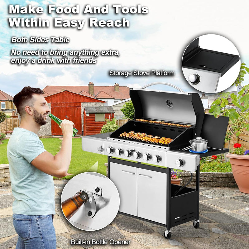 Upgraded 4 Burner Bbq Propane Gas Grill With Cast Iron Grates And Side Stove, 44,000 BTU Stainless Steel Burner Barbecue Grill For Patio