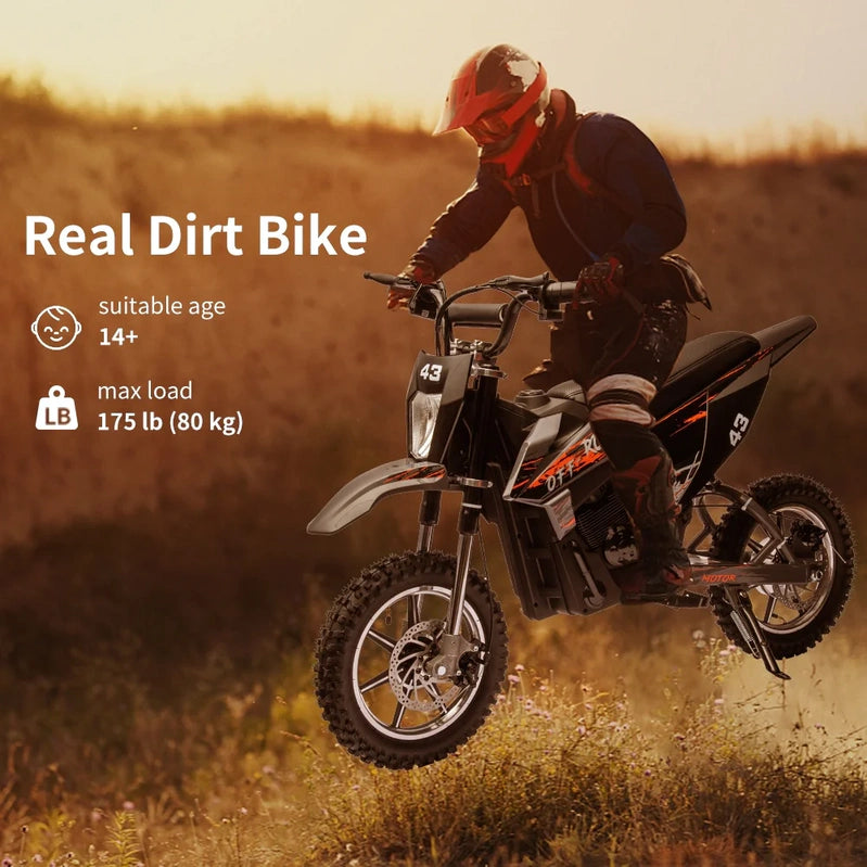 Electric Dirt Bike For Kids, 36V Ride On Motorcycle, Up To 15.5MPH, 350W Brushless Motor, LED Headlight, Leather Seat, Front And Back Brakes