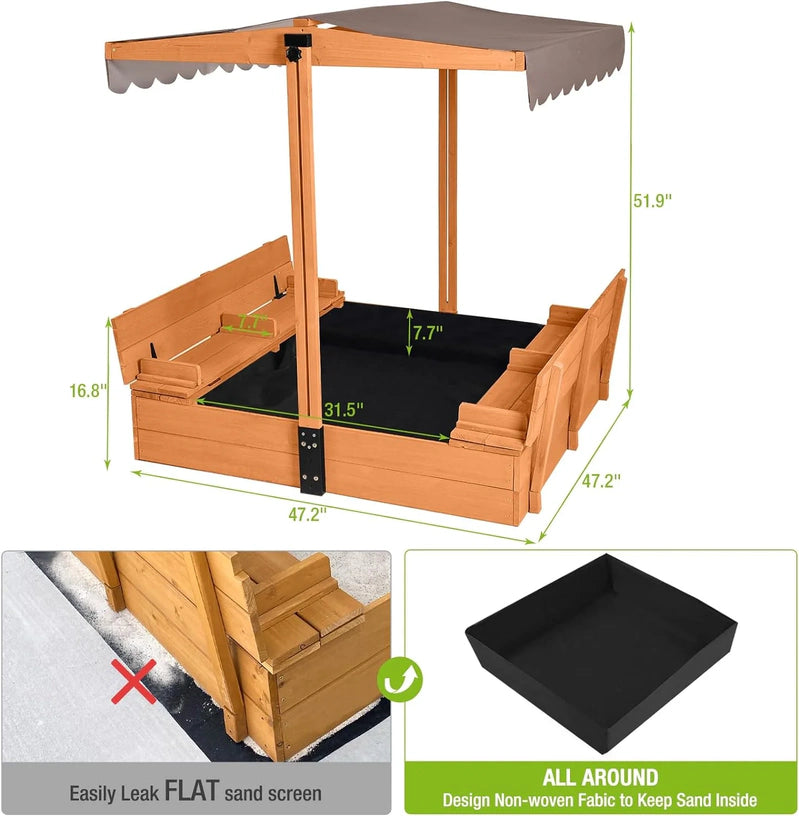 Kids Wooden Outdoor Sandbox w/Canopy, 2 Foldable Bench Seats, Retractable Roof Sand Protection Liner 47x47-Inch