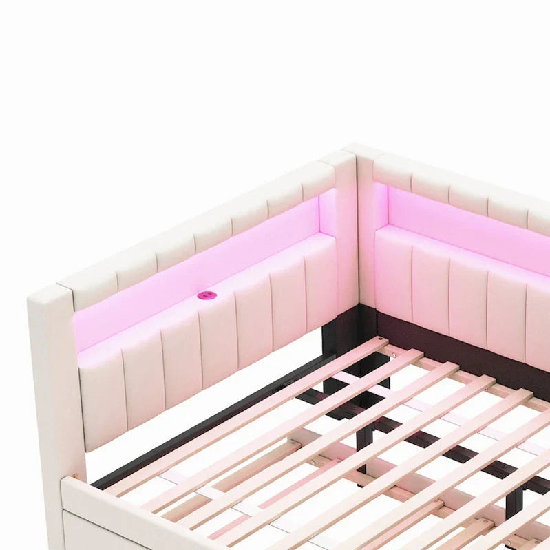 Upholstered Platform Bed With USB Ports And LED Lighting, Full/Twin Size Bed Frame With 2 Storage Drawers, Modern Bedroom
