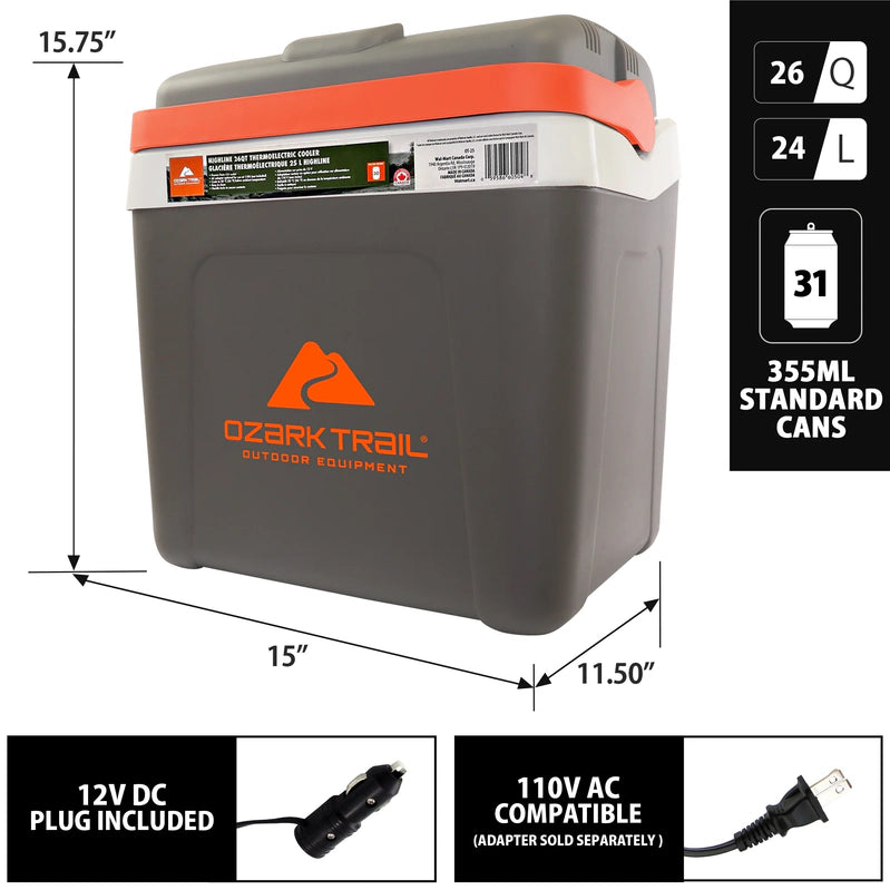 Ozark Trail 26QT Electric Cooler 12V Portable Travel Beach Camping Picnic Insulated Cooler 30 Cans Iceless 24L, Grey