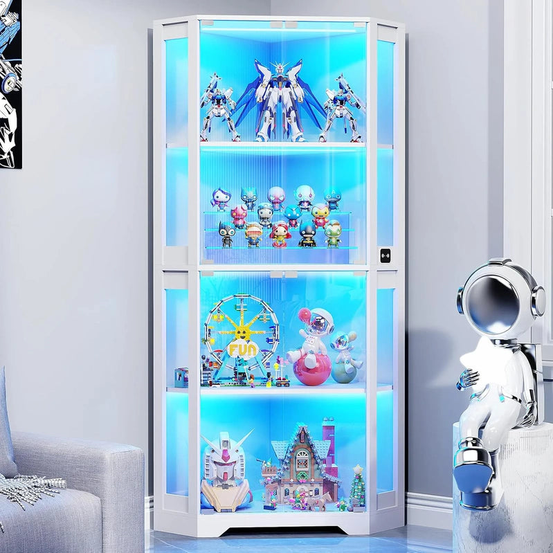 Corner Display Cabinet With Glass Doors, 65 In. Lighted Curio Cabinet With 3 Color Lights
