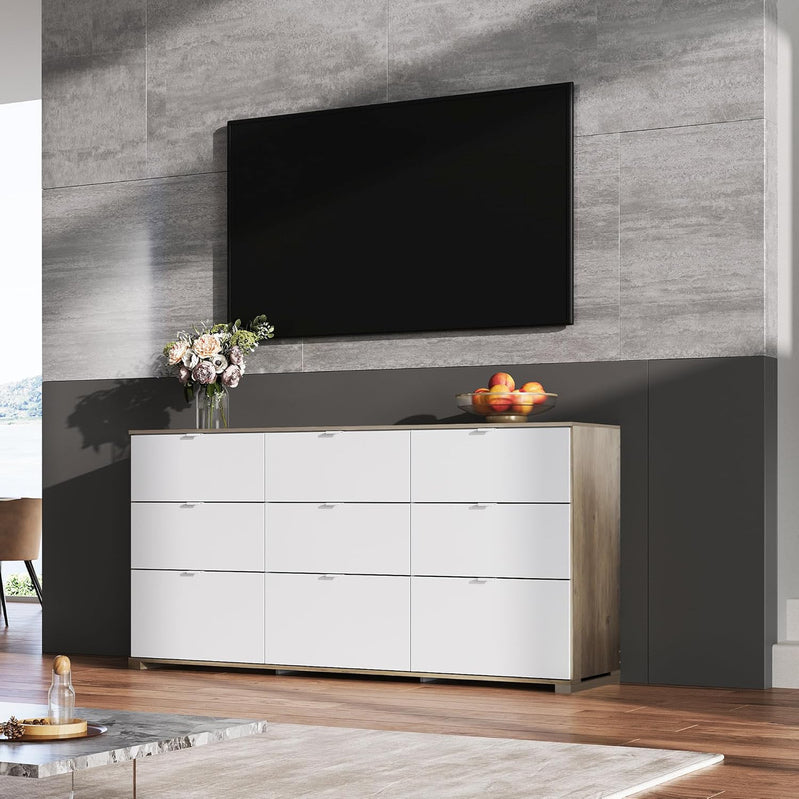9 Drawer LED Dresser For Bedroom, 58.35 In. Wide Wood Dresser Storage Organizer With Power Outlets For 65 In. TV, Dressers With Open Shelves