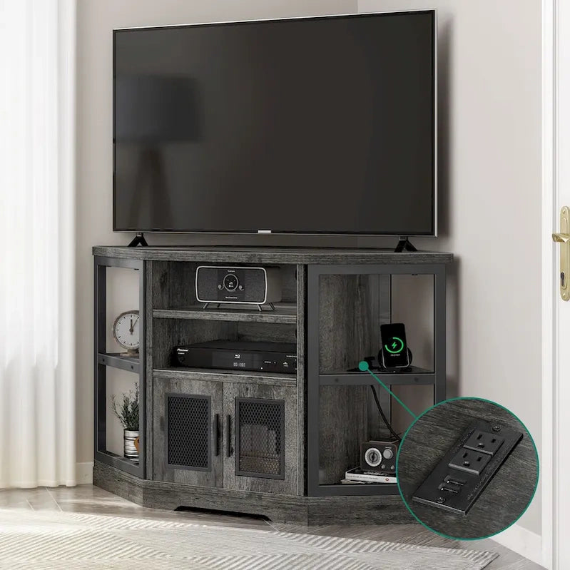 Farmhouse Corner TV Stand Entertainment Center Media Console For TVs Up To 55 With Power Outlet