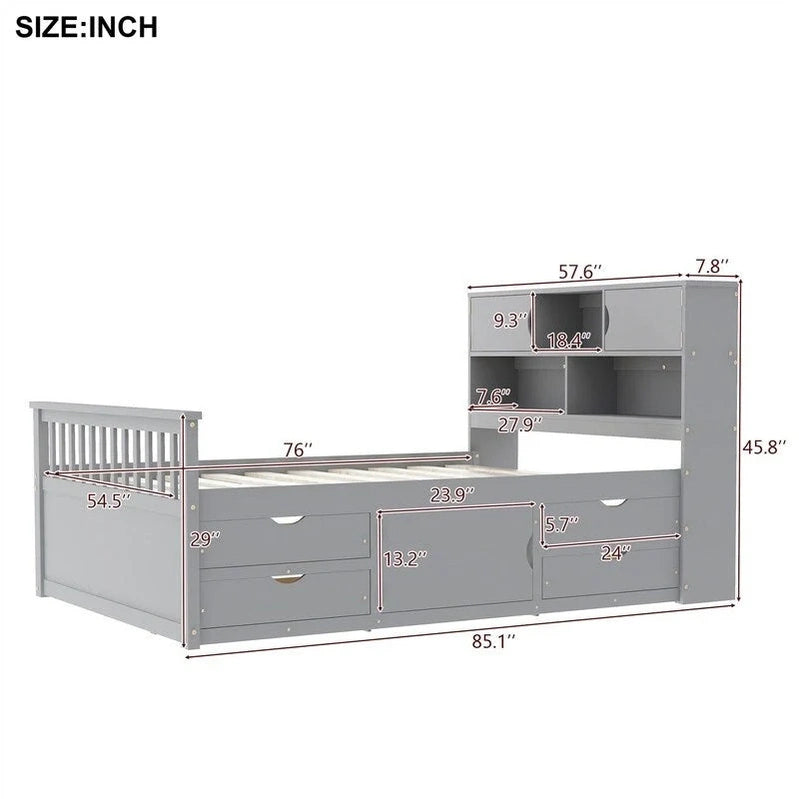 Twin/Full Size Captain Platform Bed With 4 Drawers And Storage Shelves, Solid Wood Bed Frame With Storage Bookcase Headboard