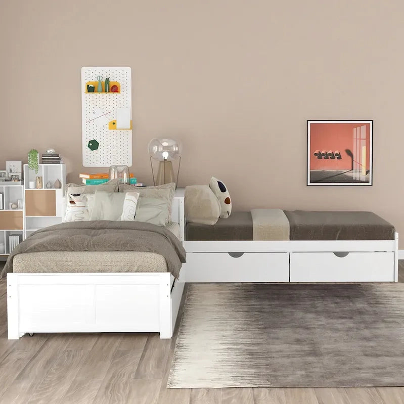 White Modern Twin Size L-Shaped Platform Bed With Trundle And Drawers For Bedroom
