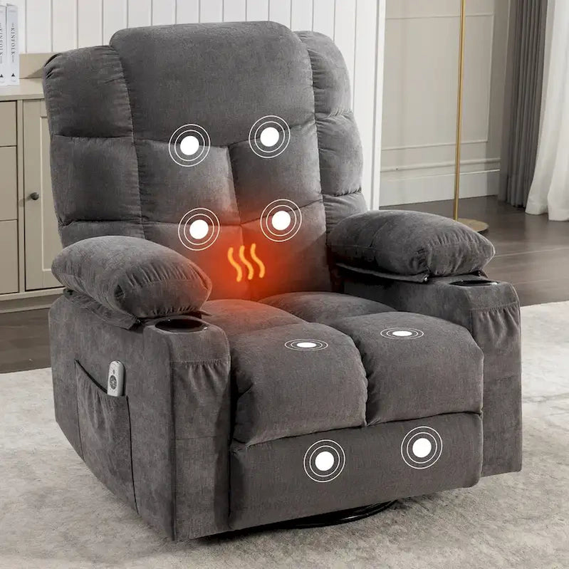 Grey Oversized Recliner With Heat And Massage, 150 Recline, 30 Rocking, USB Charging, And 2 Cup Holders