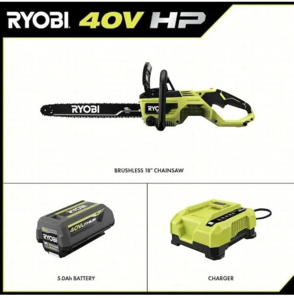 Ryobi 18 In. 40V Cordless Chainsaw Kit With Battery And Charger, Green