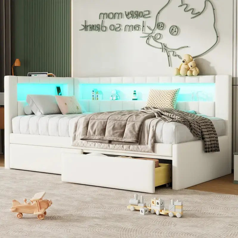 Upholstered Platform Bed With USB Ports And LED Lighting, Full/Twin Size Bed Frame With 2 Storage Drawers, Modern Bedroom