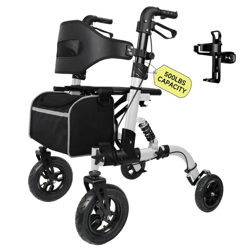 500lbs Walkers For Seniors Foldable, Heavy Duty Tall Walker With Seat, 10 In. Front Rubber Wheels, Outdoor Rollator All Terrain, Folding Walker