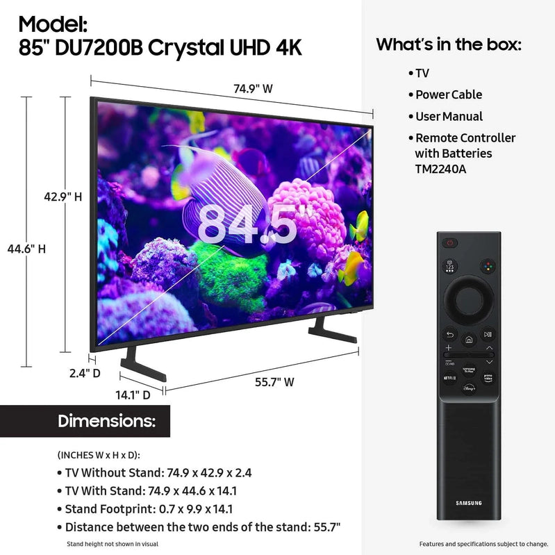 Samsung 85 In. Crystal UHD 4K Smart TV DU7200B With PurColor, HDR, And Tizen OS, 2024 Model