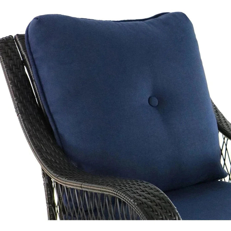 5-piece Steel Patio Fire Pit Seating Set With Navy Blue Cushions, Swivel Gliders And Square Fire Pit Table