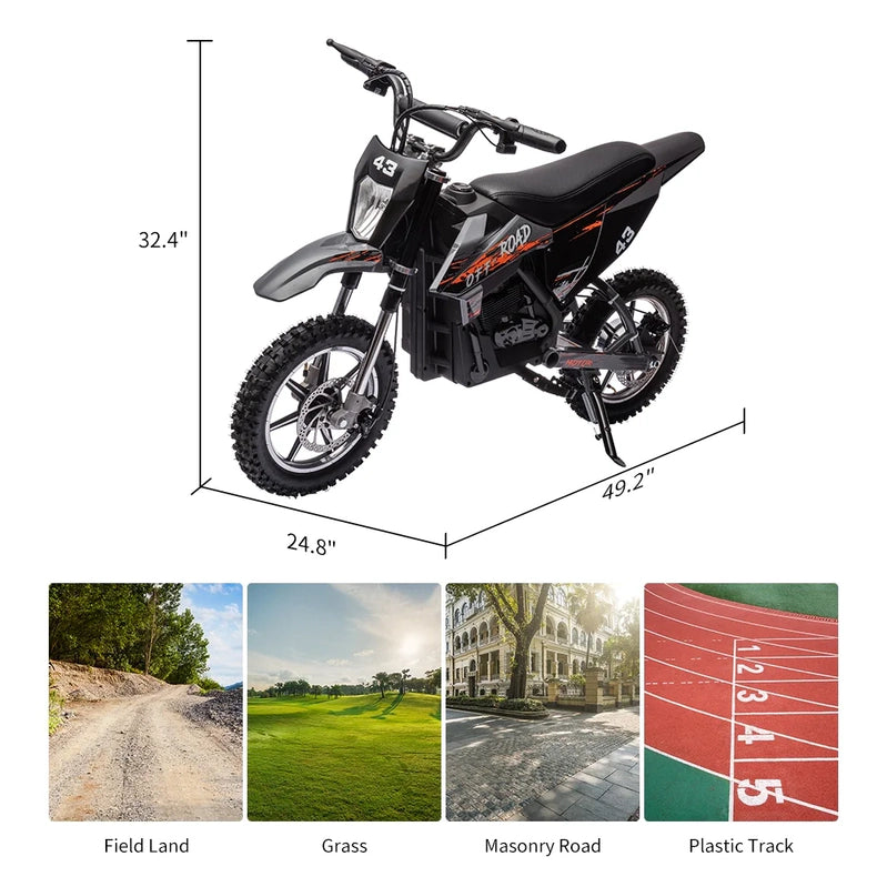 Electric Dirt Bike For Kids, 36V Ride On Motorcycle, Up To 15.5MPH, 350W Brushless Motor, LED Headlight, Leather Seat, Front And Back Brakes