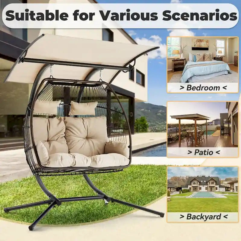 Outdoor Swing Loveseat With Stand, Foldable Hanging Chair, Hammock Cushion, And Awning, Double Egg Chair, Beige