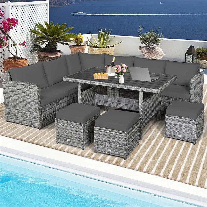 7 Pcs Rattan Patio Dining Furniture Sectional Sofa Set With Dining Table, Ottomans And Cushions