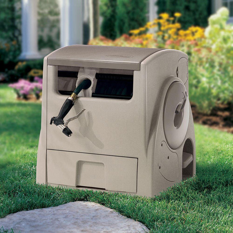 Suncast 100 Ft. Powerwind Auto Power Rewind Hose Reel, Light Taupe