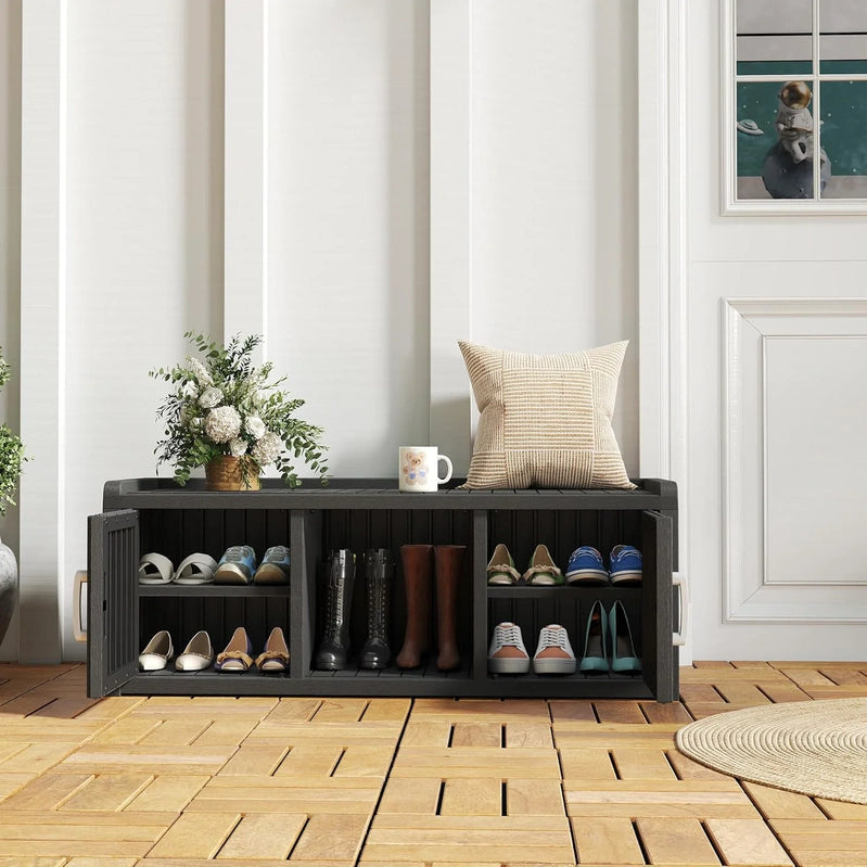 Kamaboko Outdoor Shoe Storage Cabinet, Waterproof UV-Resistant Entryway Storage Bench Indoor Outdoor With 2 Barn Doors