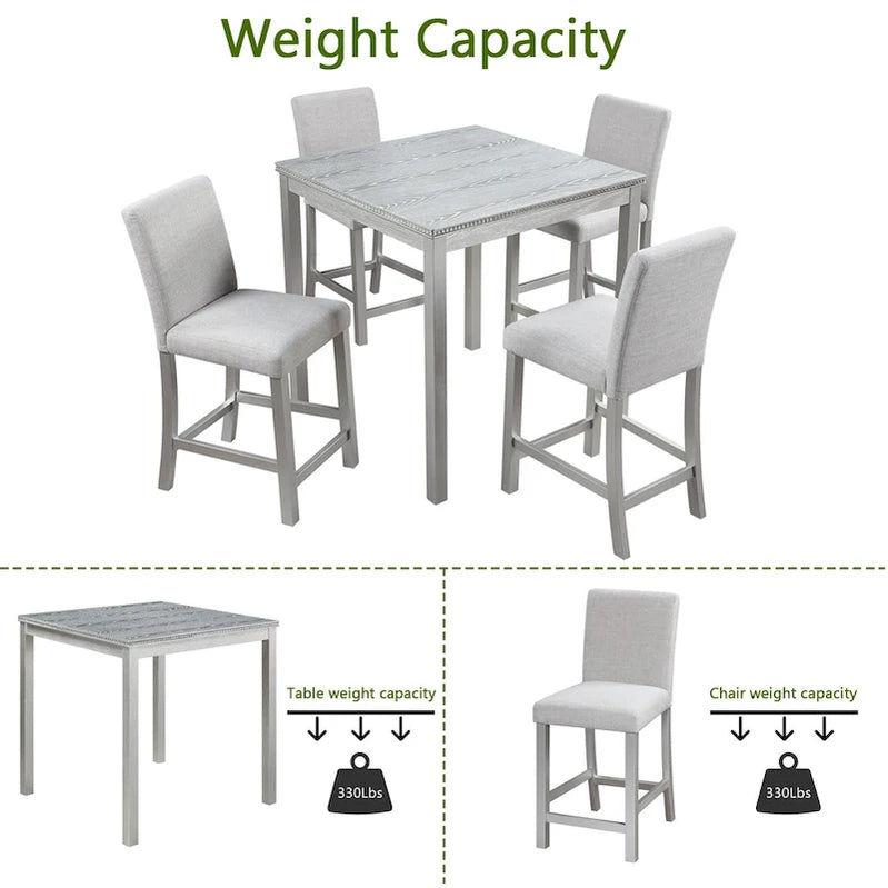 Modern 5-Piece Dining Set With Square Counter Height Table And 4 Upholstered Chairs